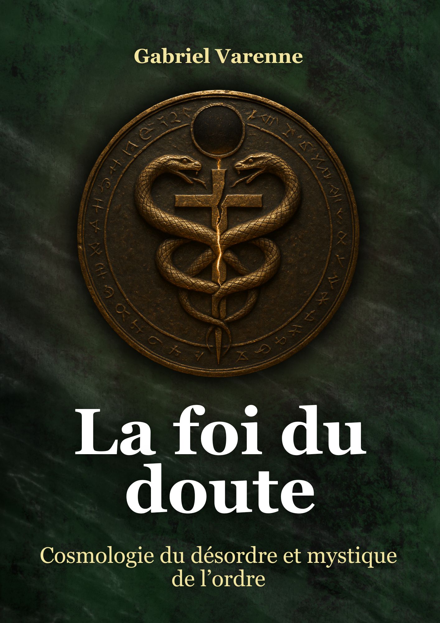 Couverture du livre La Foi du Doute avec médaillon symbolique serpent et croix sur fond vert