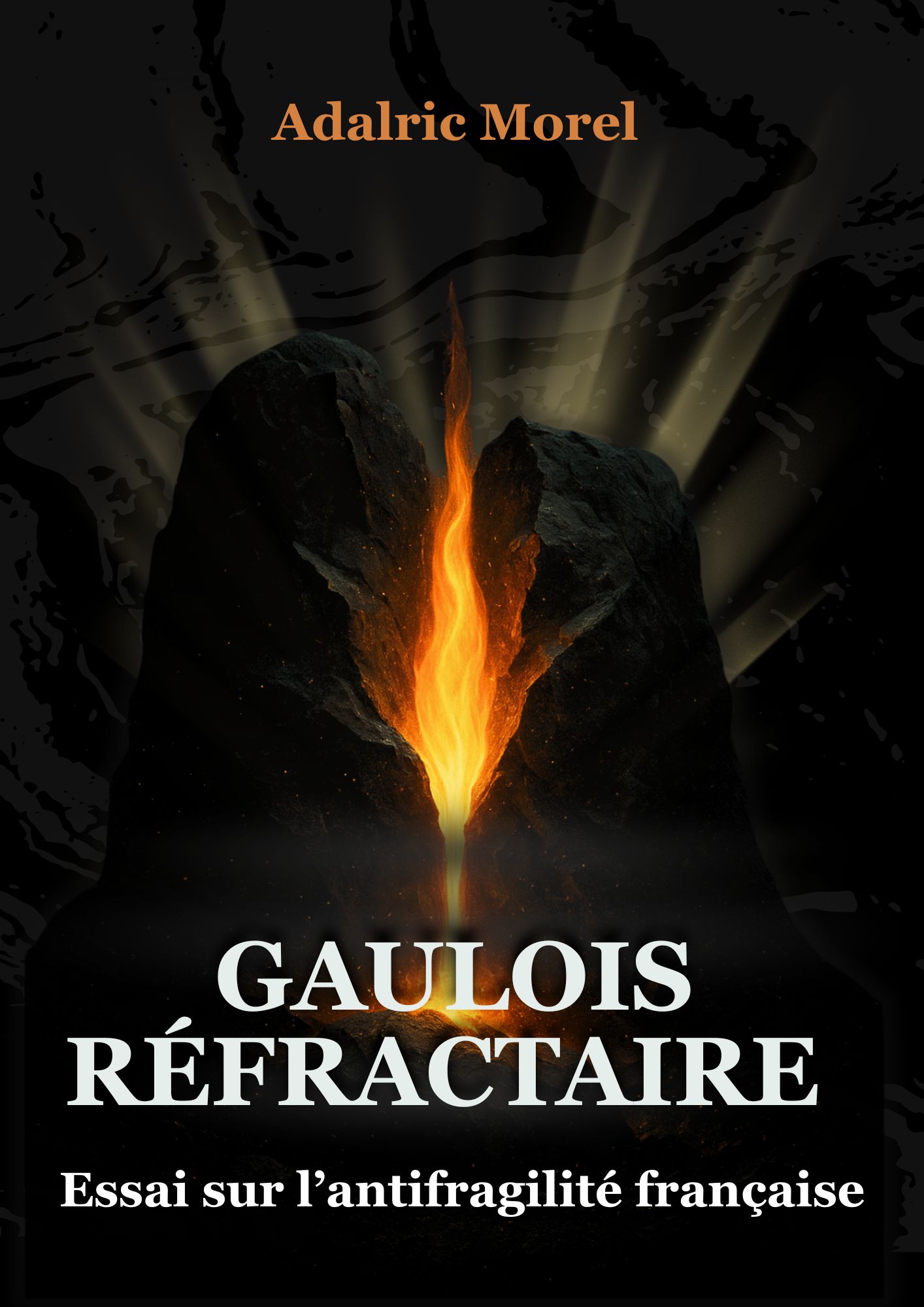 Couverture du livre Gaulois Réfractaire avec flamme surgissant d’une roche sombre