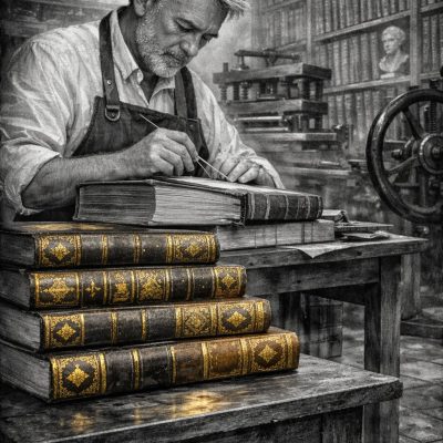 Atelier éditorial et livres anciens à reliure dorée