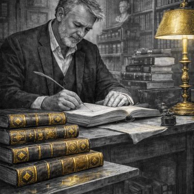 Travail d’écriture dans un atelier entouré de livres anciens