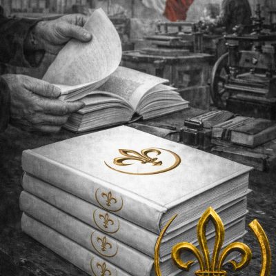 Livres reliés avec blason doré dans un atelier de fabrication