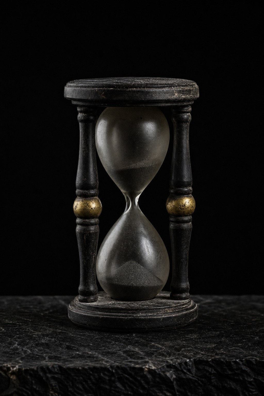 Sablier ancien en verre sur fond noir, L’Esprit Français, collection Métaphysique & Symbolisme