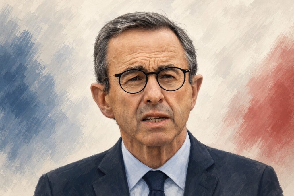 Illustration éditoriale générée par IA : portrait de Bruno Retailleau, cadrage tête et épaules, rendu pictural numérique sur fond clair texturé ; ne constitue pas une photographie ni une déclaration de la personne représentée.