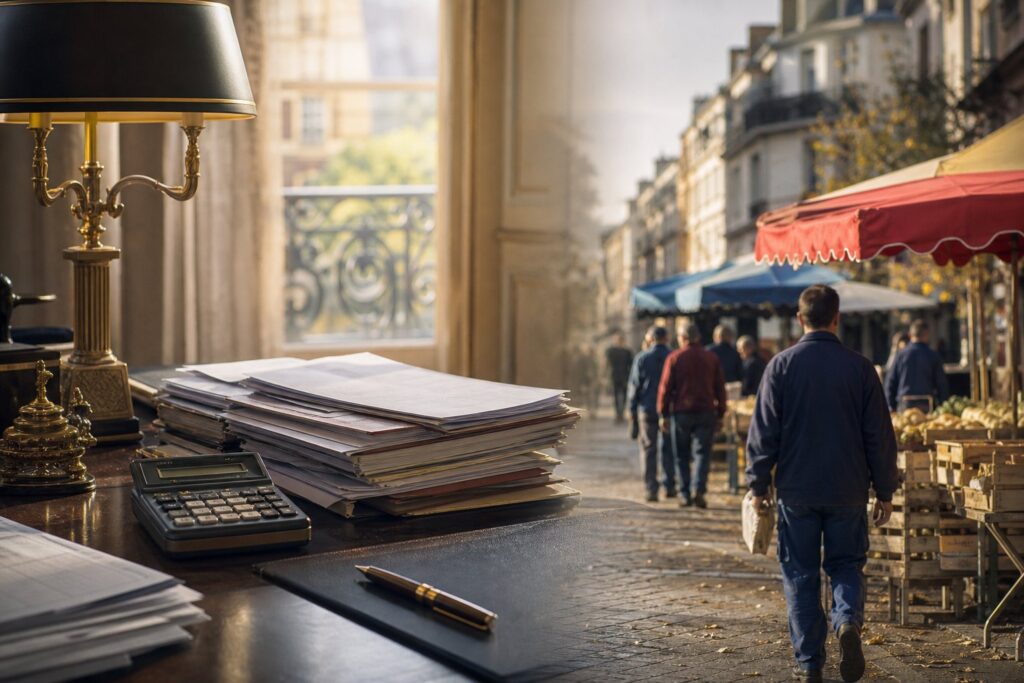 Documents budgétaires et scène de marché, illustration de l'effort budgétaire 2027 sur les fonctionnaires et les retraités