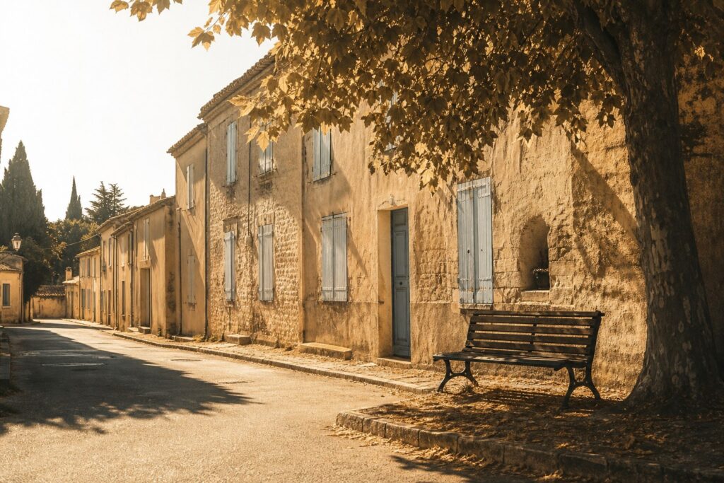 Rue de village écrasée par la chaleur, volets clos et banc vide sous un arbre desséché