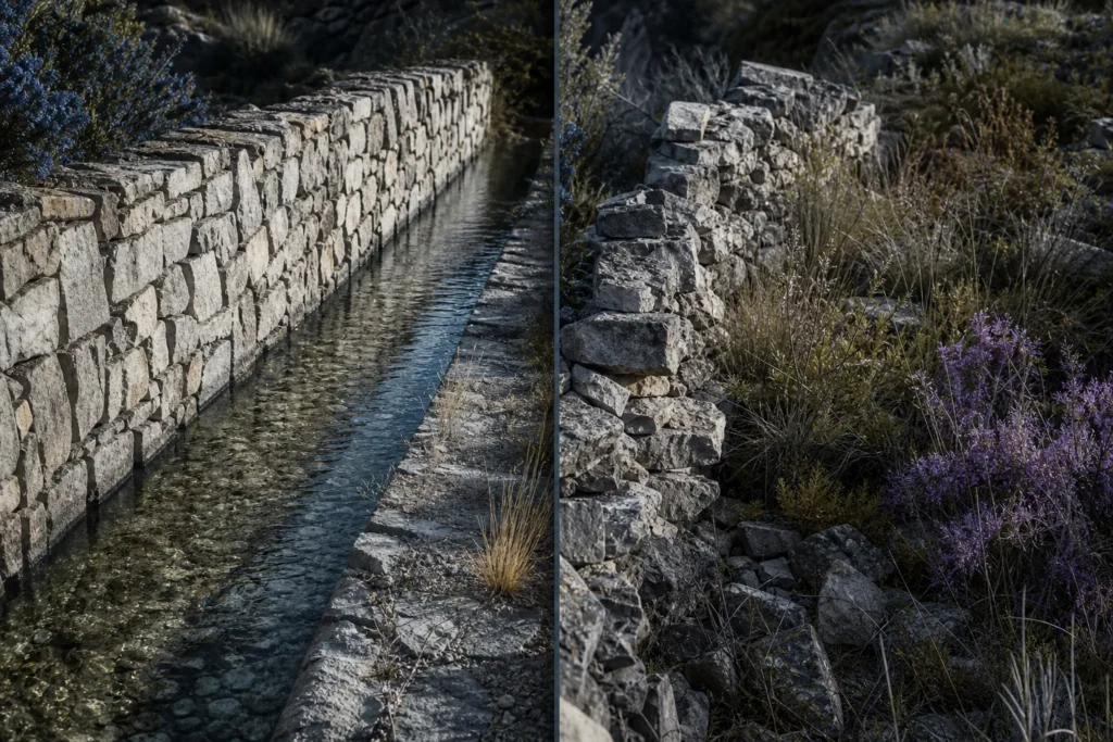 Maçonnerie de pierre sèche retenant un filet d'eau dans un canal d'irrigation, face à la même maçonnerie affaissée