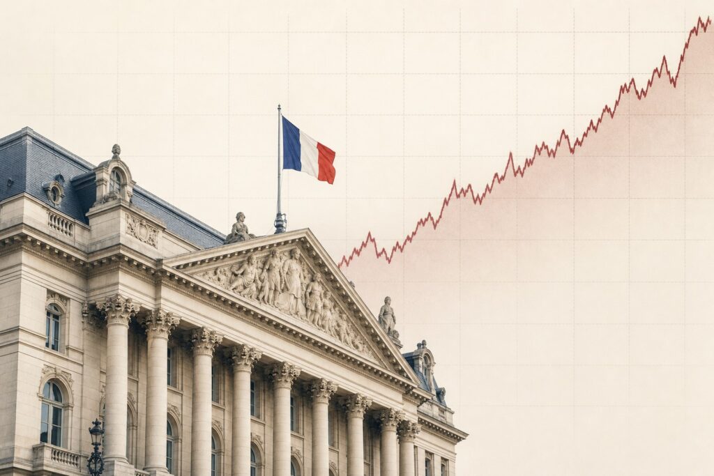 Façade d'un bâtiment public classique français, courbe de rendement ascendante en surimpression