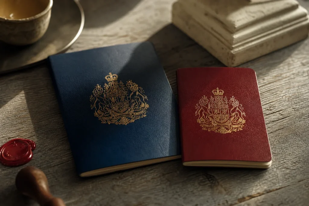 Deux passeports, l'un français et l'autre espagnol, posés côte à côte sur une table