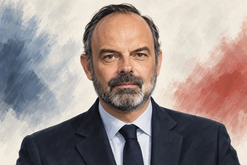 Illustration éditoriale générée par IA : portrait de face d’Édouard Philippe ; ne constitue pas une photographie ni une déclaration de la personne représentée.