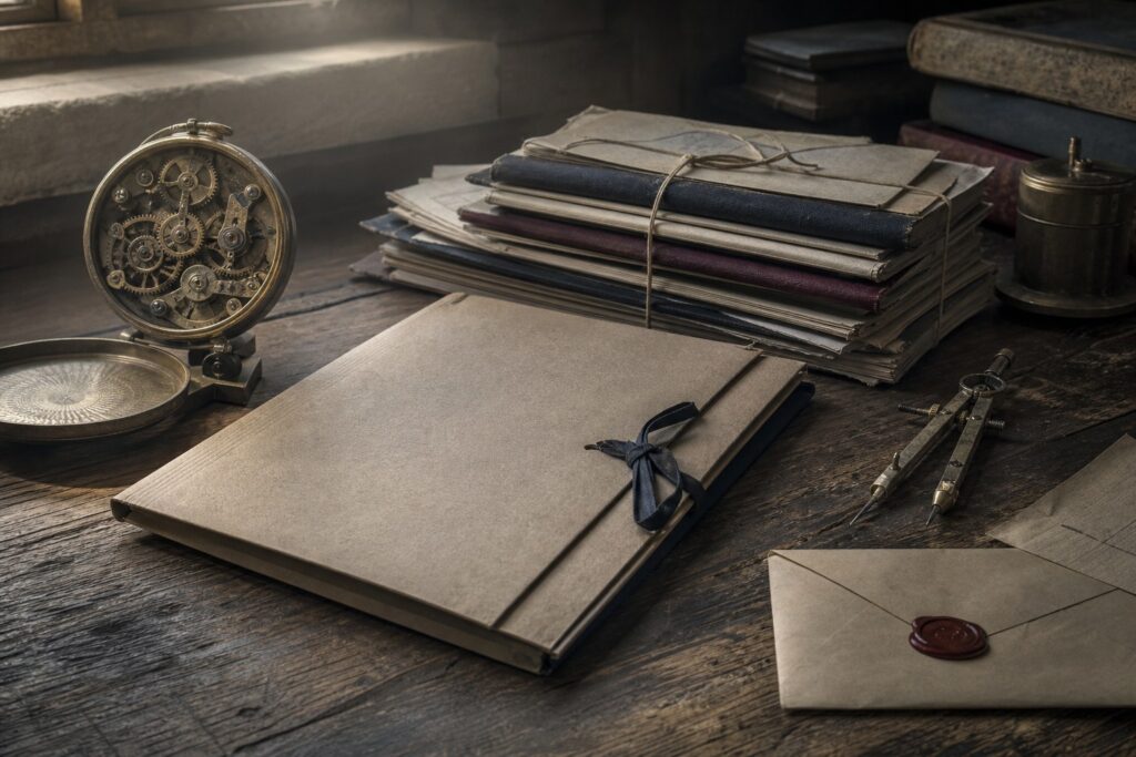Illustration éditoriale générée par IA : dossier cartonné, horloge mécanique ancienne, compas et enveloppe scellée sur un bureau de bois patiné. Illustration, non documentaire.