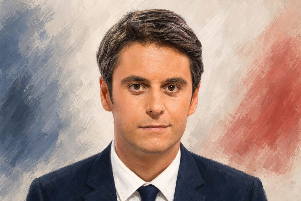 Illustration éditoriale générée par IA : portrait de Gabriel Attal, cadrage tête et épaules, veste sombre, arrière-plan clair. Illustration, non documentaire.