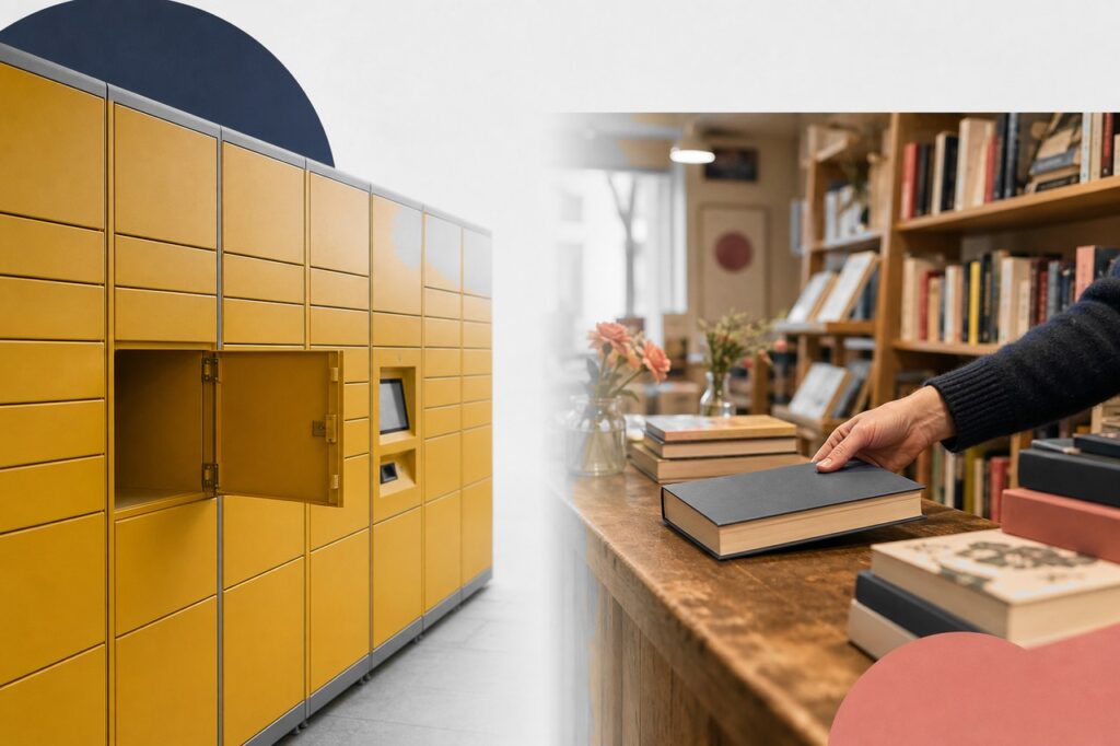 Casiers automatiques de livraison et librairie, illustration de la décision d'Amazon sur les livres neufs