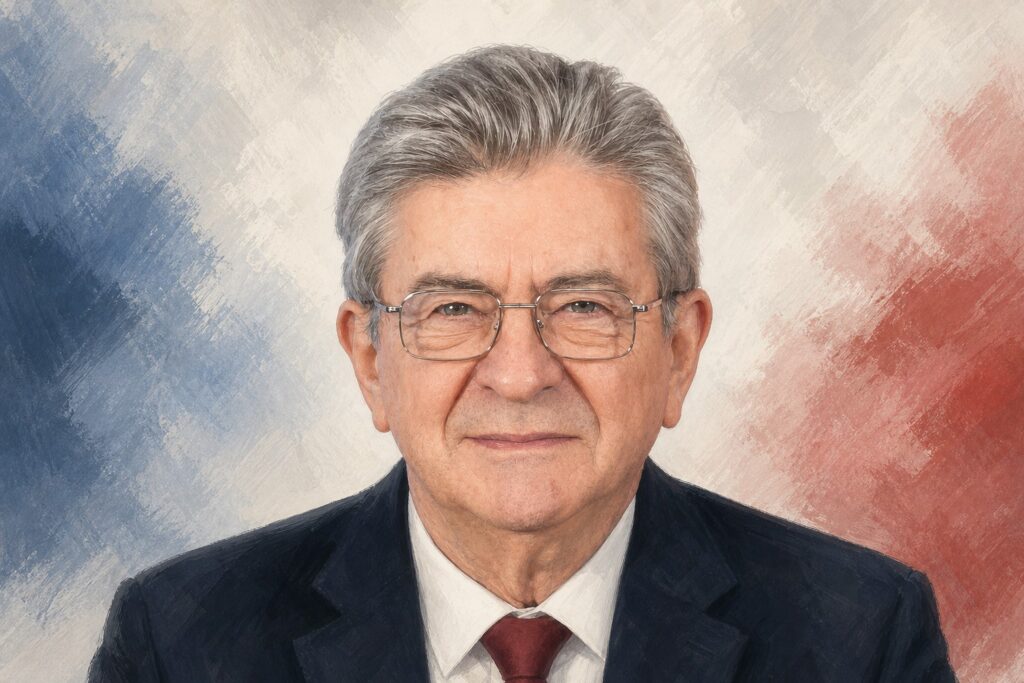 Illustration éditoriale générée par IA : portrait de face de Jean-Luc Mélenchon, cadré tête et épaules, rendu pictural numérique ; ne constitue pas une photographie ni une déclaration de la personne représentée.