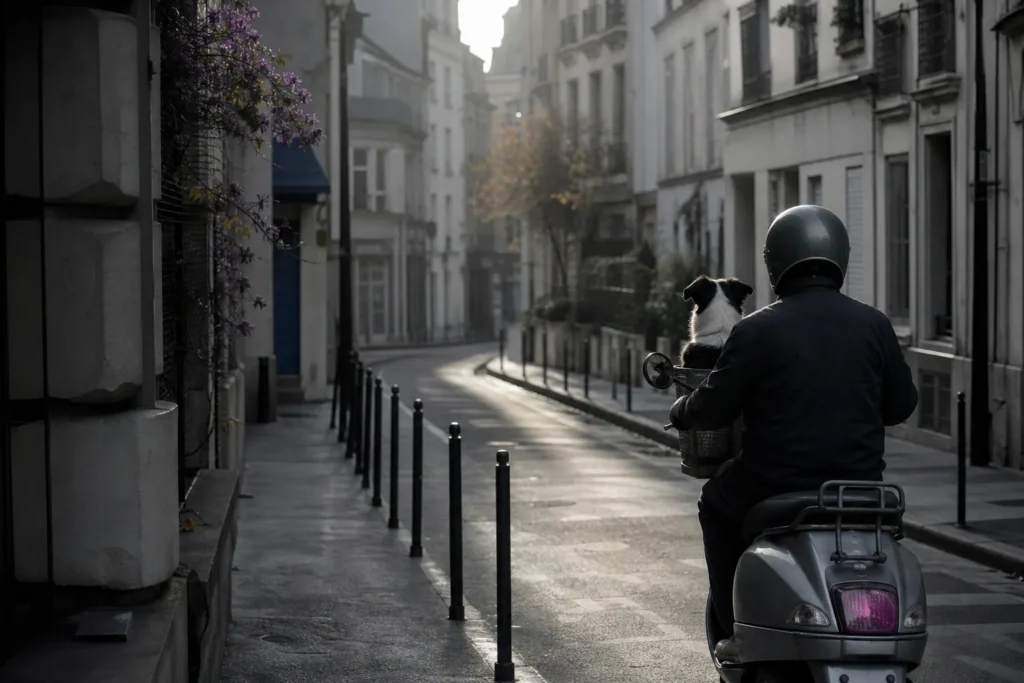 Un conducteur de scooter transportant un chien devant lui dans une rue française, casque attaché, en lumière du matin