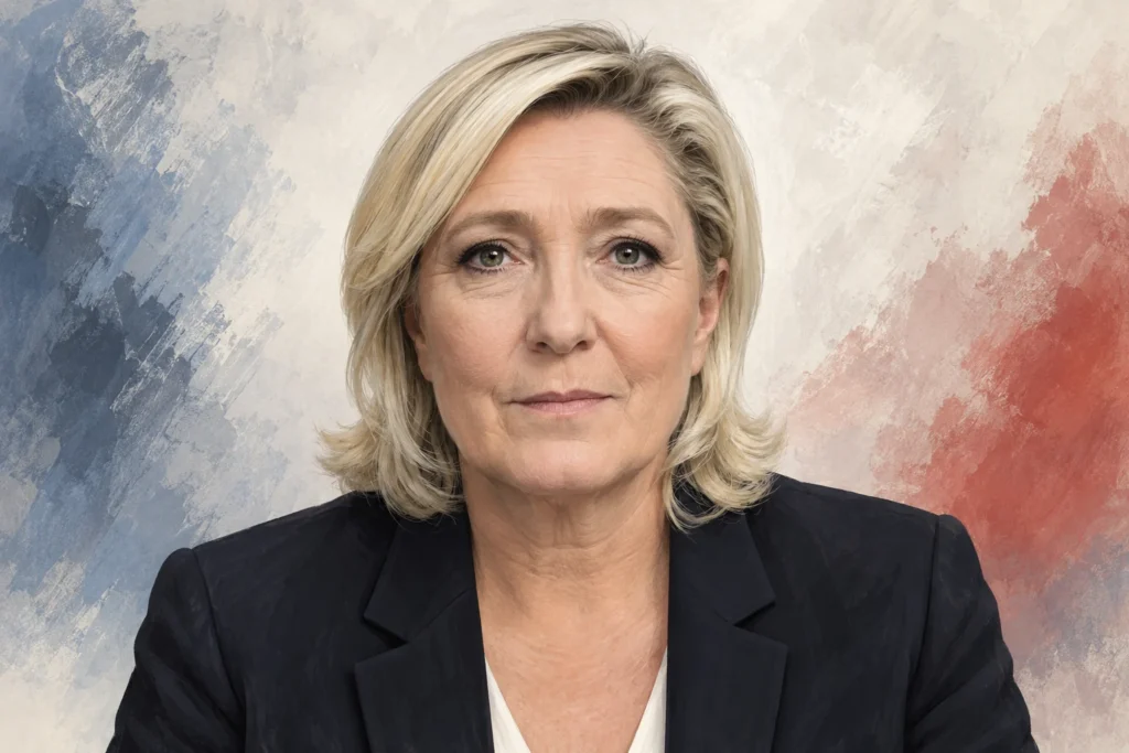 Illustration éditoriale générée par IA : portrait de face de Marine Le Pen ; ne constitue pas une photographie ni une déclaration de la personne représentée.
