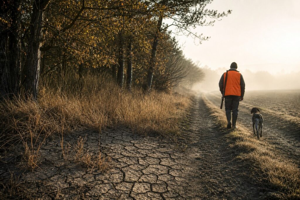 Chasseur en gilet orange sur un chemin de terre, forêt desséchée en arrière-plan — L'Esprit Français