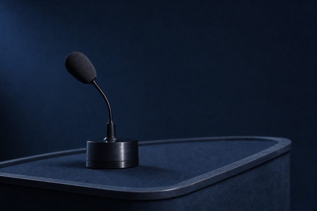 Micro de studio sur pupitre, monochrome bleu nuit — débat de la primaire de gauche