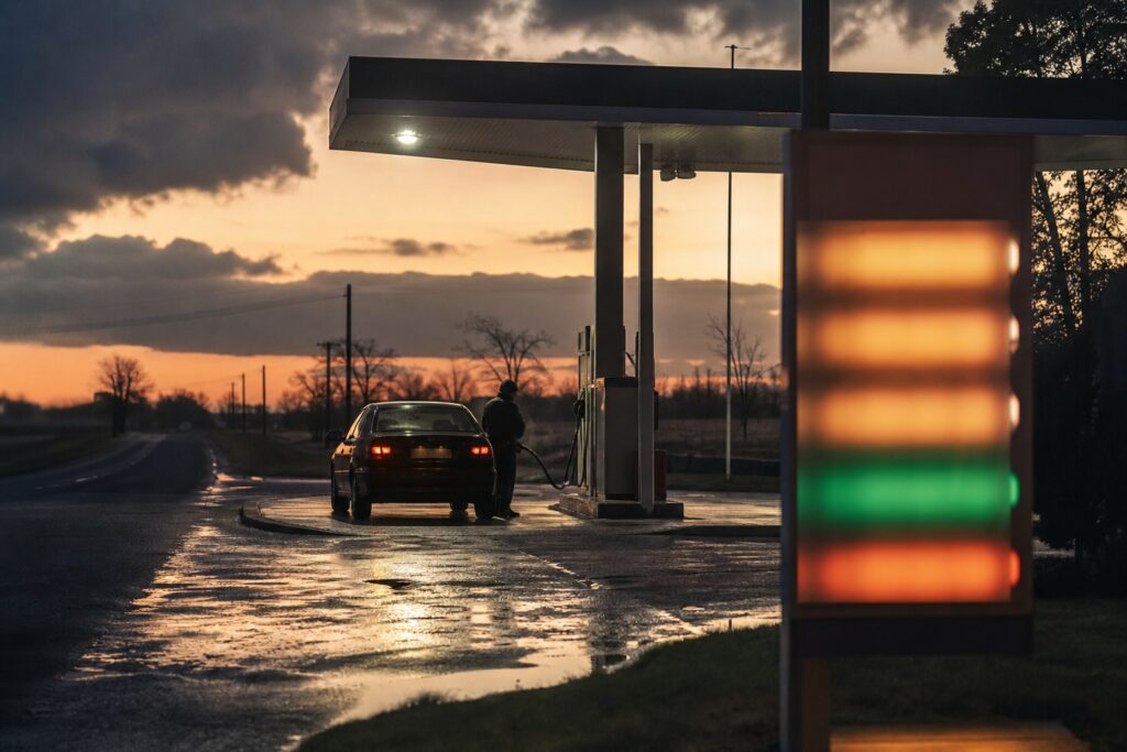 Station-service de campagne au crépuscule, une voiture fait le plein — L'Esprit Français