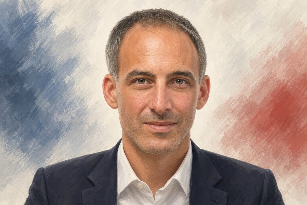 Illustration éditoriale générée par IA : portrait de face de Raphaël Glucksmann, cadré tête et épaules, rendu pictural numérique ; ne constitue pas une photographie ni une déclaration de la personne représentée.