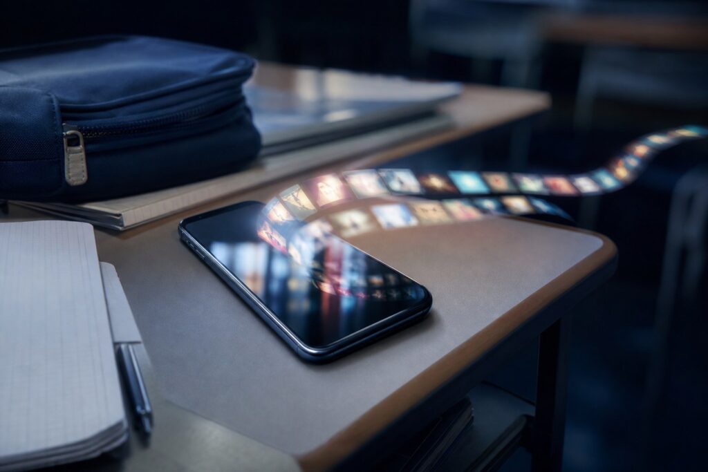 Smartphone sur un pupitre d'écolier, écran éteint reflétant des vignettes floues et colorées