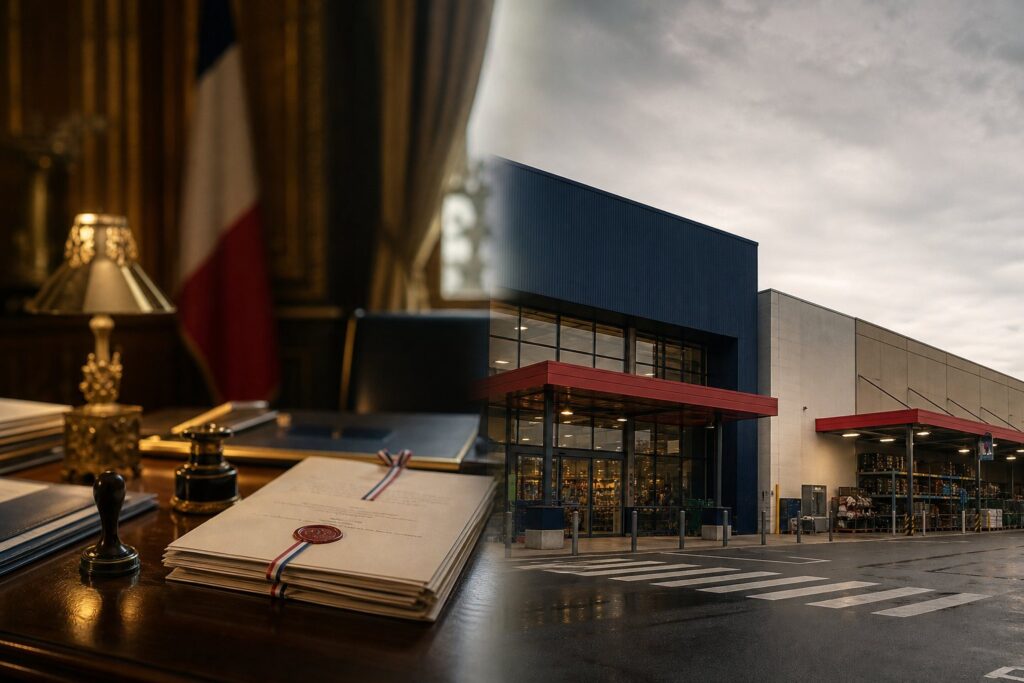 Décret officiel et devantures de commerce, illustration de la mise sous tutelle des filiales russes d'Auchan et de Nestlé
