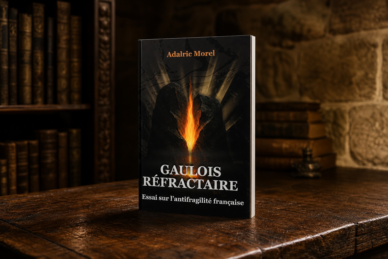 Livre Gaulois réfractaire d'Adalric Morel posé sur une table en bois devant une bibliothèque, lumière chaude