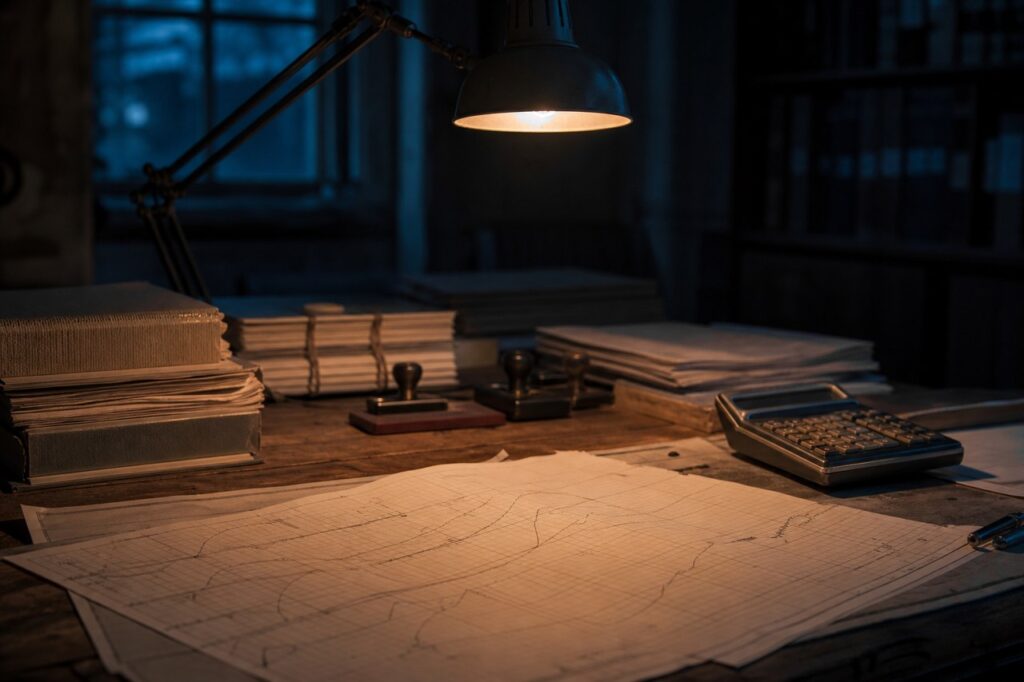 Bureau de travail au petit matin, liasses de documents budgetaires et lampe allumee