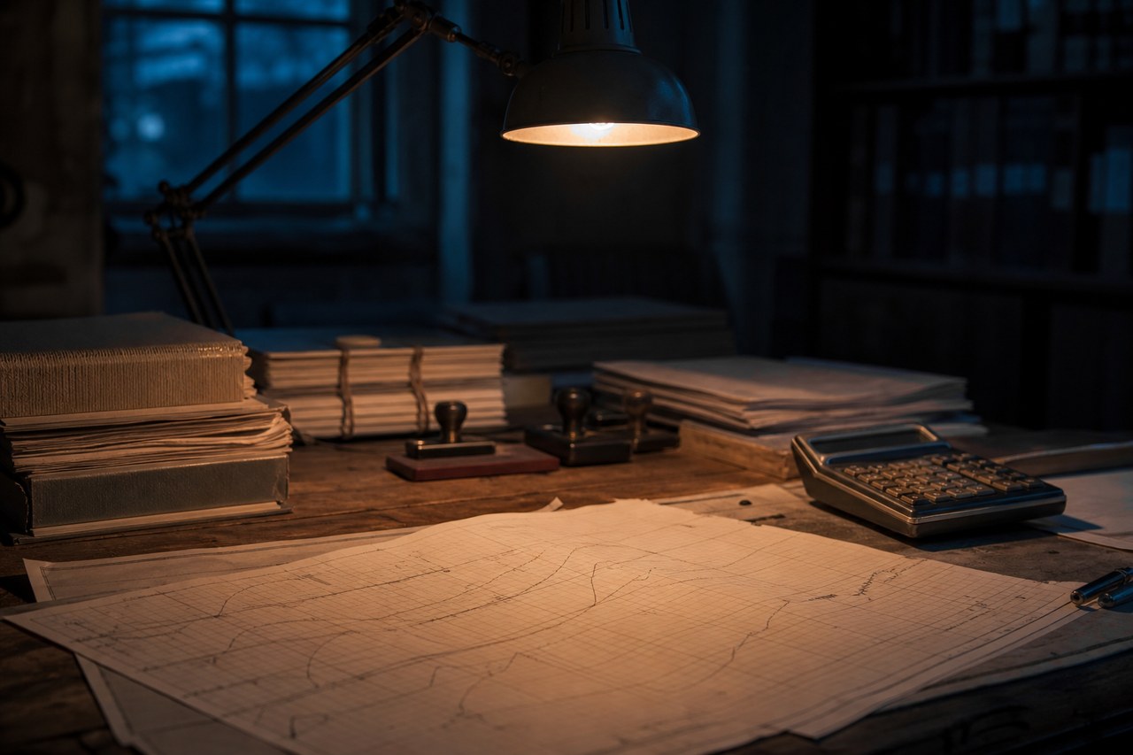 Bureau de travail au petit matin, liasses de documents budgétaires et lampe allumée