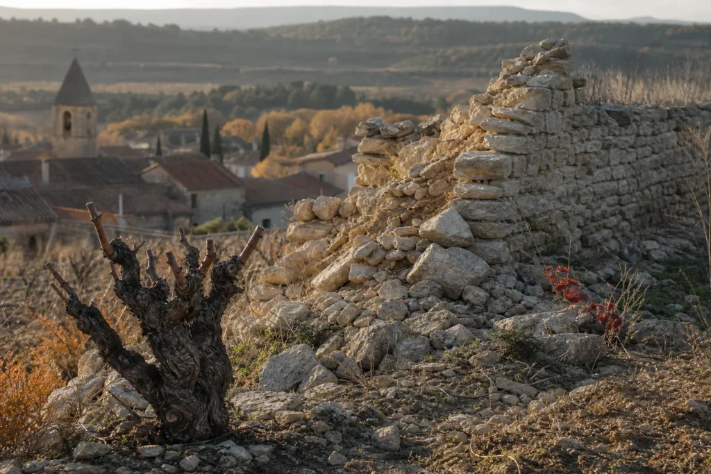 Un cep taillé devant un mur de pierre sèche, toits d'un village français à l'arrière-plan