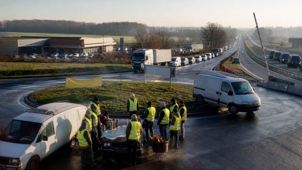 Barrage routier au petit matin : véhicules à l'arrêt, rubans de balisage et forces de l'ordre au loin sur une route française.