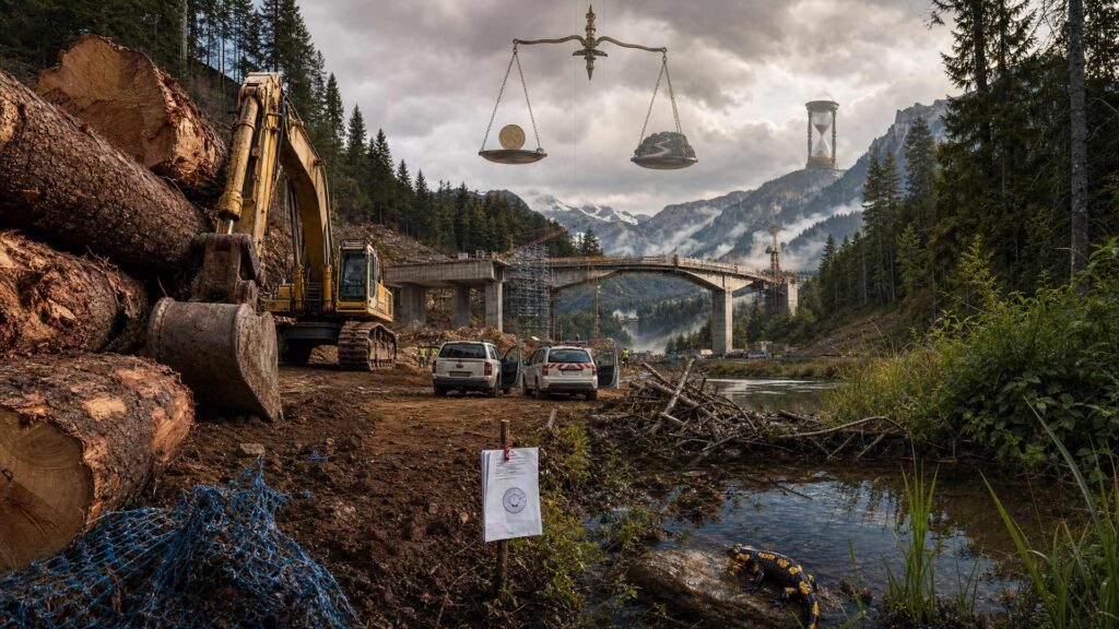 Chantier d'autoroute dans une forêt de montagne : troncs abattus et pelleteuse à gauche, point d'eau, branchages et salamandre à droite, viaduc en construction au centre, balance de bronze démesurée et sablier géant au-dessus de la vallée, document d'autorisation épinglé sur un piquet de chantier.