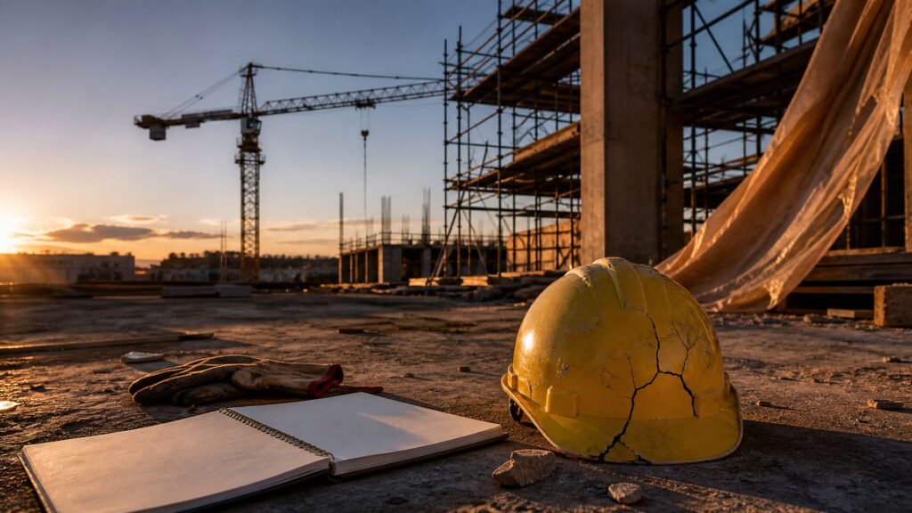 Casque de chantier fêlé posé au sol devant un registre ouvert aux pages blanches, sur un chantier désert.