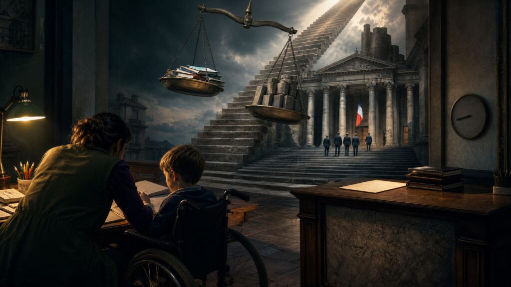 Image éditoriale générée par IA, non documentaire : scène photoréaliste dans une salle de classe française au crépuscule : au premier plan, une accompagnante vue de dos, assise auprès d'un enfant en fauteuil roulant, cahiers ouverts et crayons sur la table ; au plan moyen, une fiche de paie posée sur un bureau et une grande horloge murale ; à l'arrière-plan, la façade monumentale d'un palais républicain et un escalier de pierre montant vers une salle de vote, sous une lumière chaude et contrastée.