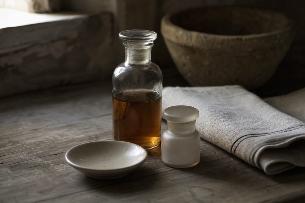 Flacon, bouteille ambrée, soucoupe en céramique et tissu plié sur table en bois