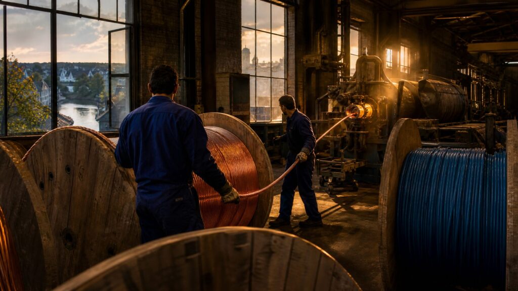 Atelier de câblage au crépuscule : deux ouvriers gantés manipulent des tourets de câbles de cuivre et une bobine de fibre optique, machines d'extrusion et verrières d'usine ouvertes sur les toits de la ville.