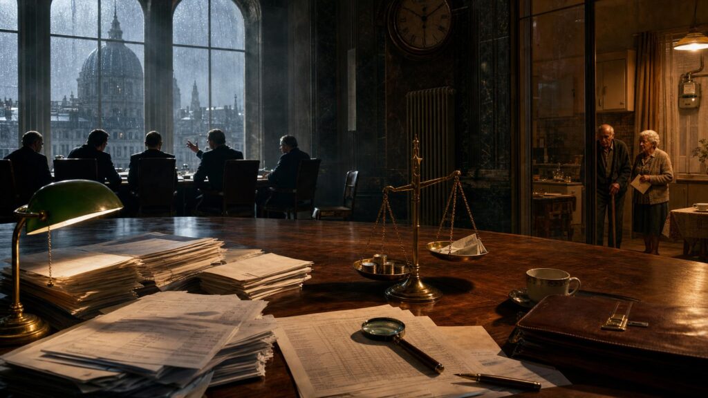 Salle de conseil monumentale au crépuscule : une immense table de noyer couverte de relevés de pension, une balance de laiton, une loupe et une lampe de bureau ; cinq hommes en costume vus de dos dans une lumière froide ; derrière une cloison vitrée, un couple âgé dans une cuisine éclairée chaudement.