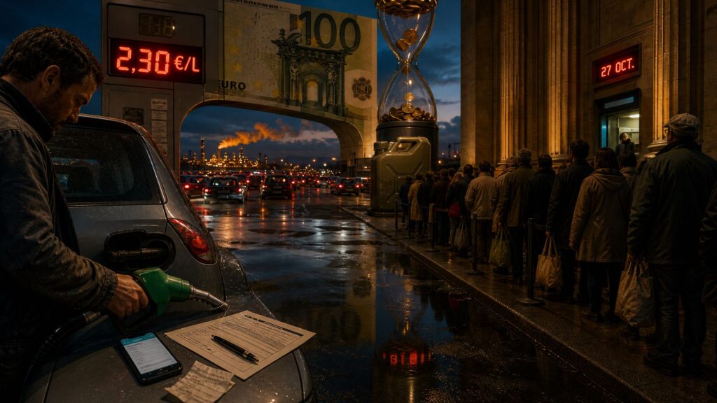 À une station-service en fin de journée, un automobiliste remplit son réservoir sous un afficheur indiquant 2,30 euros/L; sur le capot, un formulaire, un stylo et un téléphone; à droite, une administration monumentale et une longue file d'attente sous un panneau daté 27 OCT.; un billet de 100 euros géant forme une arche dans le ciel.