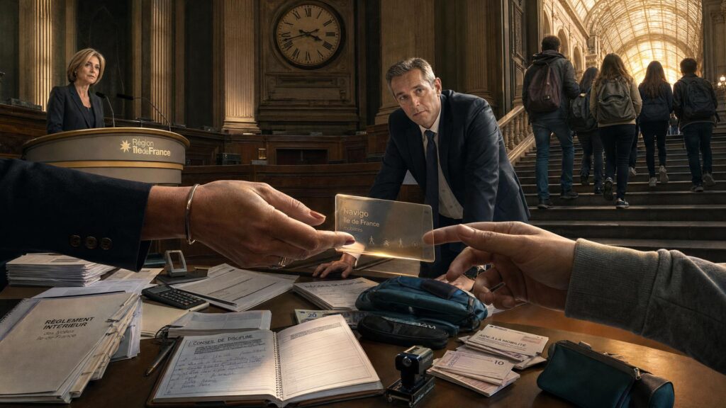 Dans un hall institutionnel monumental, une femme en tailleur sombre derrière un pupitre marqué Région Île-de-France et un homme en costume sombre regardent une carte Navigo translucide tenue entre deux mains au-dessus d'un bureau couvert de dossiers annotés conseil de discipline et aide à la mobilité ; au fond, des lycéens de dos montent un escalier vers la lumière.