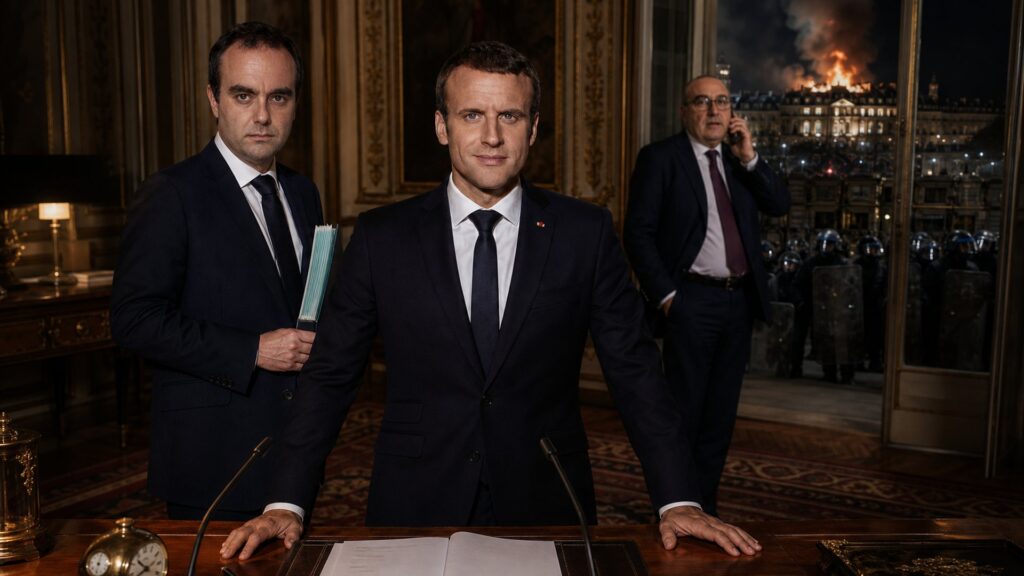 Emmanuel Macron debout derrière le bureau de l'Élysée, Sébastien Lecornu à ses côtés tenant un dossier, Laurent Nuñez au téléphone en retrait ; par la baie vitrée, un bâtiment public en feu et un cordon de policiers, la nuit.