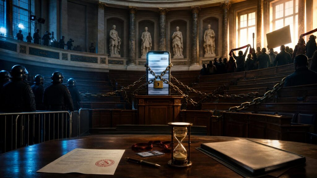 Hémicycle monumental en contre-plongée : au centre, à la place du perchoir, un téléphone géant enchaîné et cadenassé, écran allumé ; sur la table, un arrêté tamponné, une carte de presse et un sablier presque écoulé ; à gauche, barrières et gardes mobiles de dos dans une lumière froide ; à droite, une foule anonyme de dos, bras levés, dans une lumière chaude.