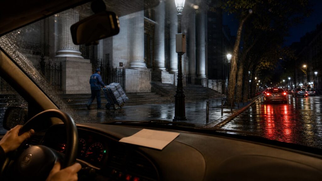 Image éditoriale générée par IA, non documentaire : vue depuis l'habitacle d'une voiture de nuit, mains du conducteur sur le volant et avis de contravention posé sur le tableau de bord, radar urbain fixé sur un lampadaire au-dessus d'une avenue mouillée, agent en tenue de travail poussant un chariot de sacs postaux devant les marches d'un ministère de pierre.