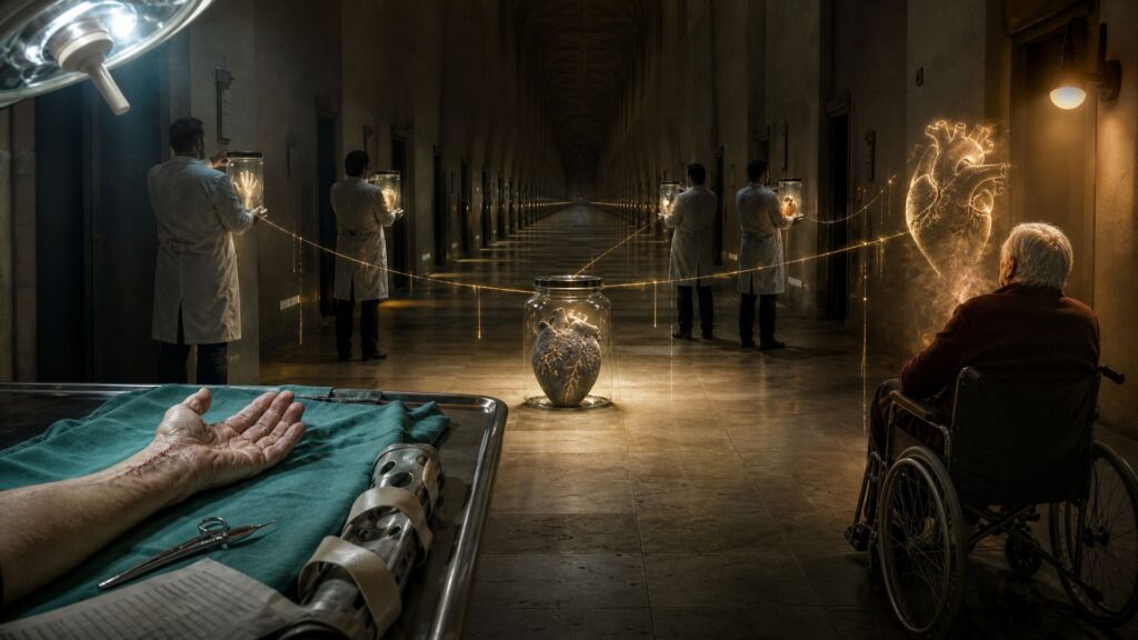 Long couloir d'hôpital aux portes innombrables ; à gauche une table d'opération avec une main cicatrisée au poignet ; quatre médecins de dos tenant des bocaux d'organes reliés par des fils de lumière à un patient âgé, de dos, et à un cœur minéral luisant.