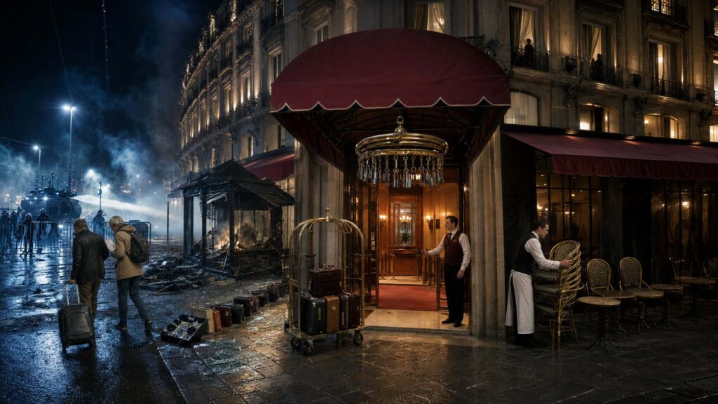 Entrée d'un hôtel parisien éclairée, groom et chariot à bagages, terrasse vide aux chaises empilées, verre brisé et kiosque calciné sur le trottoir, barrières et engin de maintien de l'ordre à gauche, couple de touristes s'éloignant avec une valise, façade monumentale aux fenêtres éclairées.