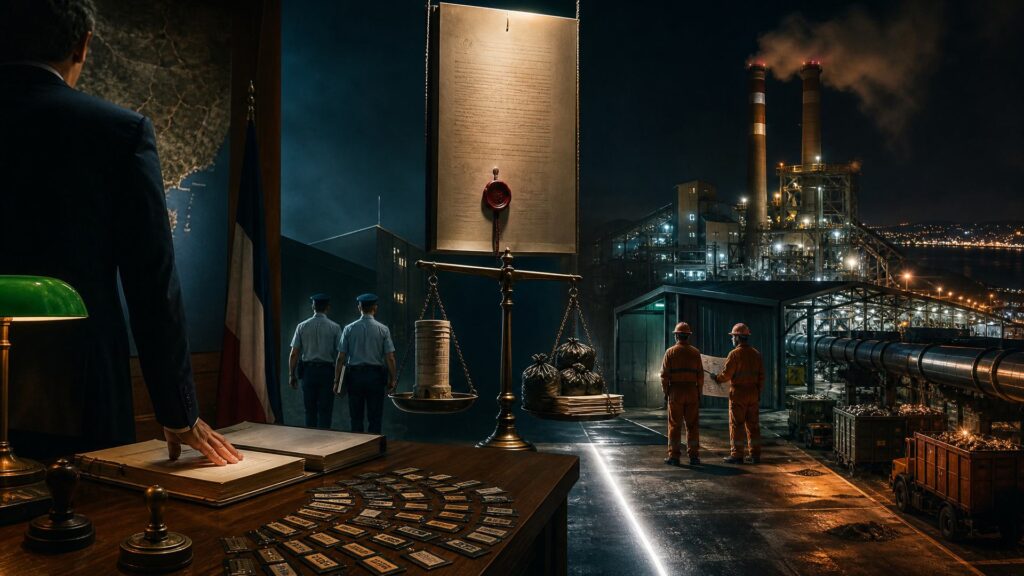 Salle de délibération dans la pénombre, à gauche : un homme en costume vu de dos, la main posée sur un contrat ouvert, un tampon, un sceau et des plaques de communes, un drapeau tricolore et une carte du littoral au mur. Au centre, un contrat monumental suspendu avec un cachet de cire rouge au-dessus d'une balance de bronze dont un plateau porte un cylindre de cheminée d'usine. À droite, une usine d'incinération de nuit, deux cheminées et un panache de vapeur orange, des tuyaux de réseau de chaleur, des bennes ; deux agents en uniforme bleu et deux ouvriers en combinaison orange, tous de dos, séparés par un seuil de lumière blanche.