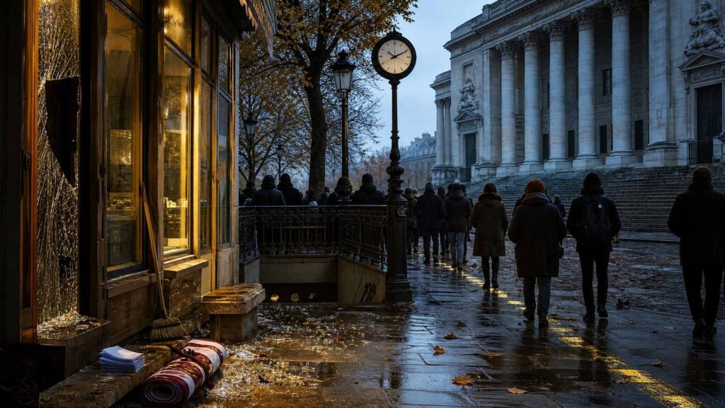 Rue de Paris au petit matin : devanture à la vitrine brisée et éclats de verre au premier plan, balai, bannière syndicale roulée et tracts sans inscription ; au centre une horloge publique et une foule vue de dos ; à droite un bâtiment institutionnel monumental aux colonnes froides.