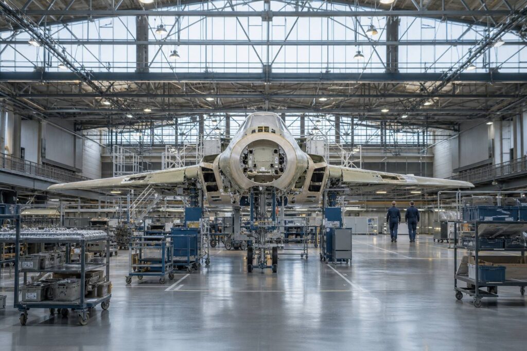 Hall d’assemblage aéronautique, fuselage d’avion de combat en construction, techniciens au loin