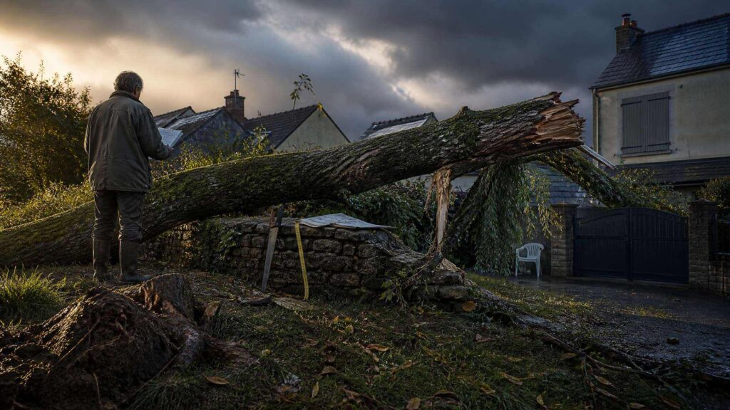 Jardin après une tempête : un tronc immense arraché traverse un muret de pierre sèche et écrase un saule brisé ; à gauche, un homme vu de dos, veste de travail et bottes, tient des feuilles et regarde le saule ; à droite, une maison aux volets fermés, un portail clos et une chaise de jardin vide ; ciel de pluie et lumière dorée.