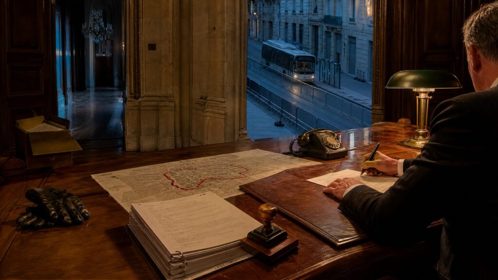 Hall de préfecture à l'aube : un homme en costume sombre, vu de dos, signe un feuillet sur un bureau de bois où sont posés une liasse de documents, un tampon, un téléphone à cadran et une carte de ville au périmètre tracé en rouge ; par la baie vitrée, une rue déserte aux rideaux de fer baissés, des barrières métalliques alignées et un autobus arrêté, portes fermées, phares allumés.