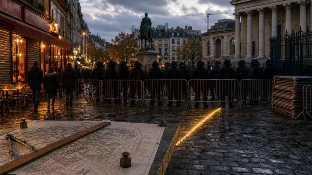 Grand plan de ville déplié sur des pavés mouillés, avec boussole et règle de bois, devant une rangée de policiers en tenue de maintien de l'ordre derrière des barrières métalliques, face à une statue équestre, café éclairé à gauche et façade à colonnes à droite, ciel couvert