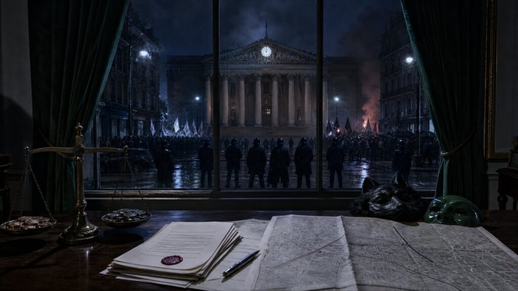 Vue depuis un cabinet de bois sombre, la nuit : au premier plan, un bureau avec une liasse de documents, un sceau de cire rouge, un stylo, une grande carte de Paris barrée d'un trait rouge, une balance de bronze et deux masques de carnaval ; derrière une fenêtre à croisillons, une avenue sous la pluie où deux cortèges se font face de part et d'autre d'un cordon de gardiens de la paix, devant la façade du Palais-Bourbon et son horloge. Image générée par IA, non documentaire.